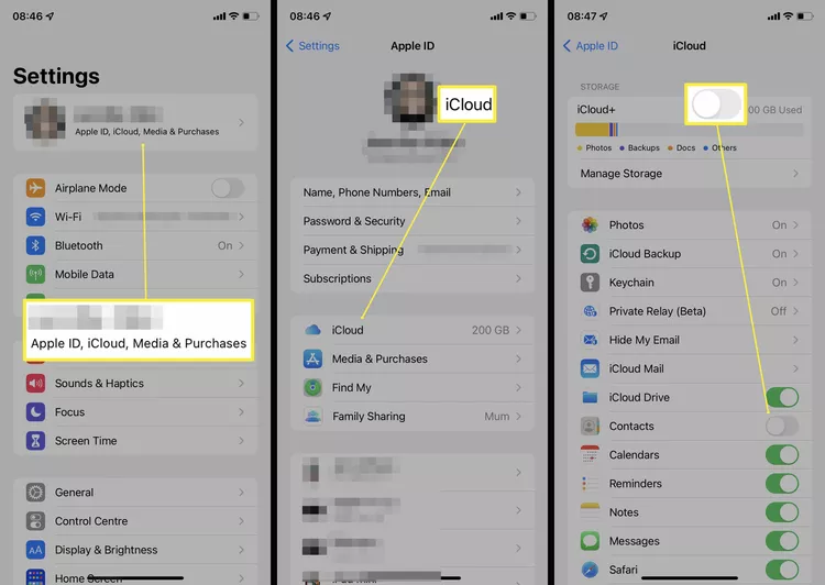 Steps required on iPhone to sync contacts to iCloud.