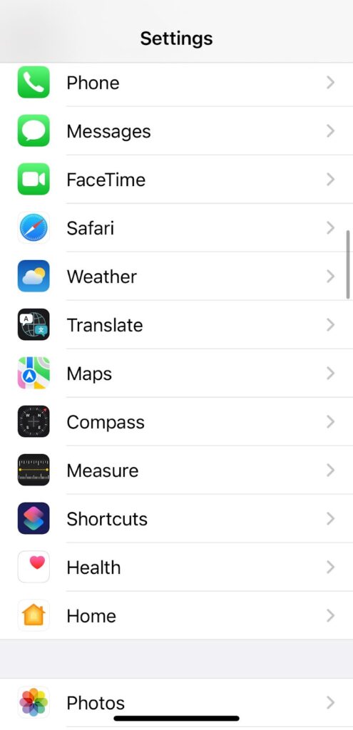 iOS settings menu